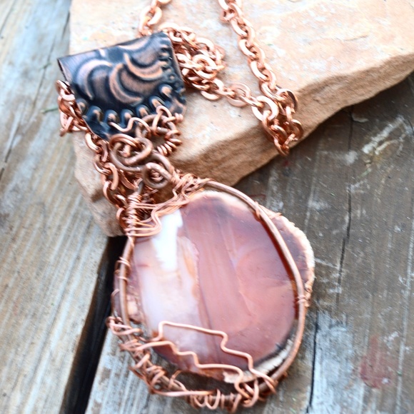 Gigantic Carnelian Pendant Solid Copper Necklace - Picture 2 of 8